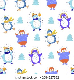 Seamless pattern with cute penguins in scarf listening music, skiing, holding candy, christmas tree, on a white background. Hand-drawn illustration. Vector.