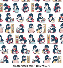 Seamless pattern with cute penguins in the shop. Hand-drawn illustration. Vector.