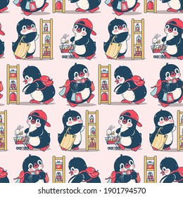 Patrón sin foco con pingüinos lindos en la tienda. Ilustración dibujada a mano. Vector.