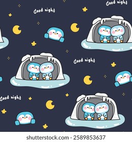 Seamless pattern of cute penguins sleeping and stay in ice cave background.Moon and star.Night.Polar animal bird character cartoon design.Kawaii.Vector.Illustration.