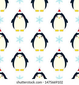 Seamless pattern with cute penguins and snowflakes. Christmas background for children