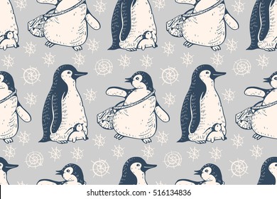 Seamless pattern with cute penguins and snowflakes. Hand-drawn illustration. Vector.