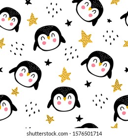Seamless pattern with cute penguins, stars, decor elements. simple flat vector. Hand drawing for children. animal theme. baby design for fabric, textile, wrapper, print.