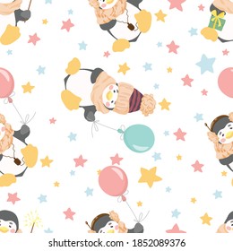 Seamless pattern of cute penguins and stars in pastel colors. Vector illustration in a flat style.