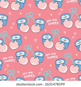 Seamless pattern of cute penguins stay on cherry with heart and you are sweet text background.Bird animal character cartoon design.Arctic,polar,north pole.Kawaii.Vector.Illustration.