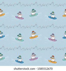 Seamless pattern with cute penguins that snowboard in the mountains. For wrapping Christmas presents.