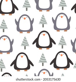 Seamless pattern with cute penguins, tree. Colorful vector flat style for kids. hand drawing. baby design for fabric, print, wrapper, textile