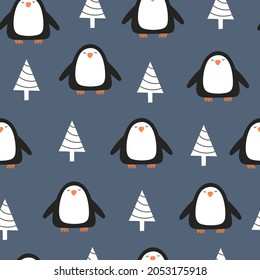 Seamless pattern with cute penguins, tree. Colorful vector flat style for kids. hand drawing. baby design for fabric, print, wrapper, textile