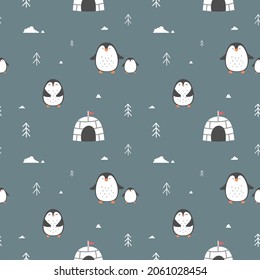 Seamless pattern with cute penguins. Vector illustration for baby clothes, fabrics and packaging.