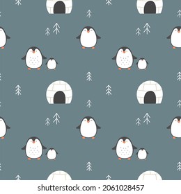 Seamless pattern with cute penguins. Vector illustration for baby clothes, fabrics and packaging.