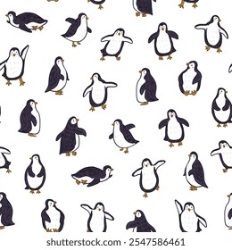 Seamless pattern with cute penguins. Vector illustration in cartoon style.