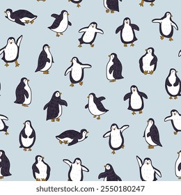 Seamless pattern with cute penguins. Vector illustration in cartoon style.