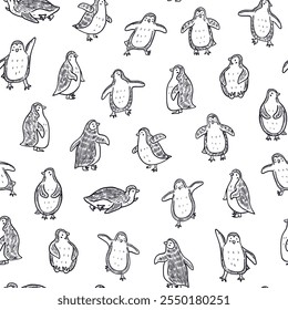 Seamless pattern with cute penguins. Vector line illustration in cartoon style.