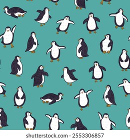 Seamless pattern with cute penguins. Vector illustration in cartoon style.