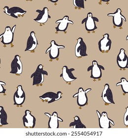 Seamless pattern with cute penguins. Vector illustration in cartoon style.