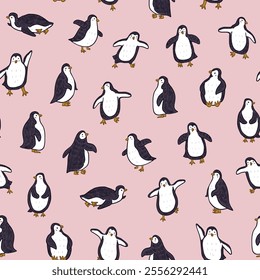 Seamless pattern with cute penguins. Vector illustration in cartoon style.