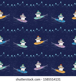 Seamless pattern with cute penguins who snowboard in the mountains. Cute cartoon drawing of a penguin. For wrapping christmas gifts.