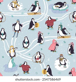 Padrão contínuo com atividades de inverno de pinguins bonitos. Ilustração vetorial em estilo cartoon.