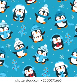 Seamless pattern with cute penguins in winter clothes, snowflakes and fir trees. Vector graphics.