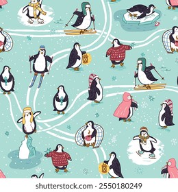 Seamless pattern with cute penguins winter activities. Vector illustration in cartoon style.