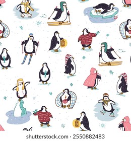 Seamless pattern with cute penguins winter activities. Vector illustration in cartoon style.