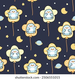 Seamless pattern of cute pengun in balloon with planet star and moon galaxy background.Bubble.Bird animal character cartoon design.Image for card,poster,baby clothing.Kawaii.Vector.Illustration.