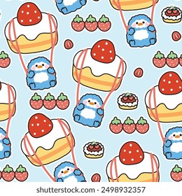 Seamless pattern of cute pennguin parachute strawberry cake shape cartoon hand drawn background.Bakery,sweet,dessert.Bird animal character.Kawaii.Vector.Illustration.