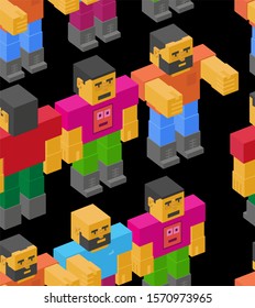 Seamless pattern with cute people created by joining cubes.