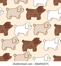 Seamless pattern with cute pet dog lapdog white, brown color in doodle style for background, wrapping paper,  fabric, textile