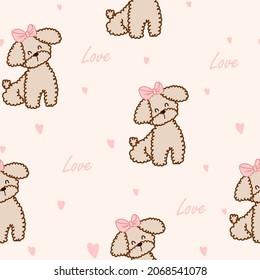 Seamless pattern with cute pet dog lapdog with pink bow and heart in doodle style on pink background for wrapping paper,  fabric, textile