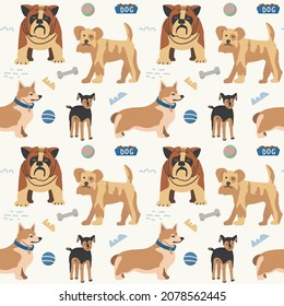 Seamless pattern with cute pet dogs. Vector pattern for textile products, baby room design, wrapping paper and other