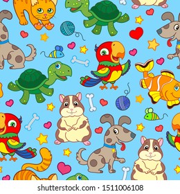 Seamless pattern with cute Pets, bright animals on blue background