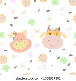 Seamless pattern with cute Pets in cartoon style. Portrait of a cow and a pig. Vector illustration
