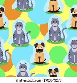 
Seamless pattern with cute pets cat and dog, children's print with animals, vector illustration in cartoon style, bright colored children's background.