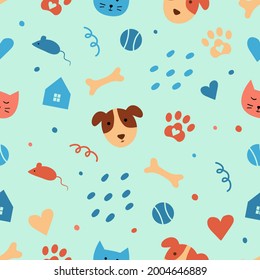 Seamless pattern with cute pets on a blue background. Vector illustration with pets and cute elements. Perfect for advertising a shelter, for pets shop decoration or pets products packing