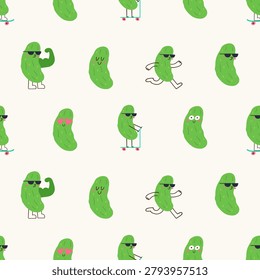 Seamless pattern with cute pickle fruit characters funny tropical summer mascots. Vector design.