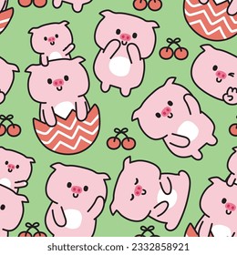 Seamless pattern of cute pig with cherry on green background.Farm animal character cartoon design.Fruit.Baby clothing.Kawaii.Vector.Illustration.