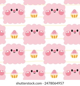 Seamless pattern of cute pig in curve shape with cupcake background.Face.Head.Cartoon farm animal character design.Image for card,poster,baby clothing.Kawaii.Vector.Illustration.