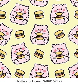 Seamless pattern of cute pig doll hold hamburger sticker background.Fastfood.Farm animal character cartoon design.Image for card,sticker,baby clothing.Kawaii.Vector.Illustration.