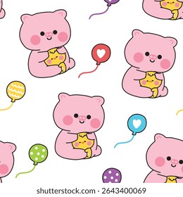 Seamless pattern of cute pig doll hug tiny chicken with balloon background.Friend.Love.Farm and bird animal character cartoon.Kawaii.Vector.Illustration.