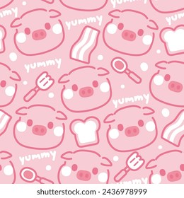 Patrón sin fisuras de la linea de la cara del cerdo lindo en el fondo rosa.Texto delicioso.Pan,cuchara,tenedor,tocino dibujado a mano.Caricatura de personaje animal de granja.Kawaii.Vector.Ilustración.