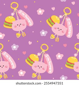 Seamless pattern of cute pig face head keychain bag with bead background.I am hungry text.Hamburger,hot dog,pizza.Farm animal cartoon.Decoration.Kawaii.Vector.Illustration.