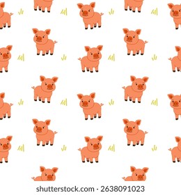 Seamless pattern with cute pig in flat style on white background with grass, perfect for kids products, nursery designs, farm-themed decor, and textile applications