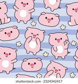 Seamless pattern of cute pig with flower background.Farm animal character design.Baby clothing.Kawaii.Vector.Illustration.