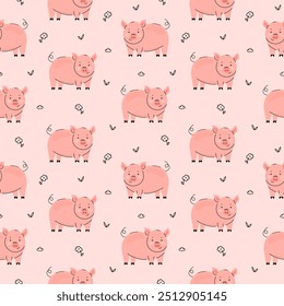 Seamless pattern with cute pig and flower