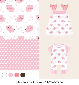 seamless pattern with cute pig, girl fashion
