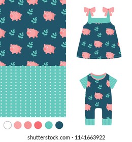 seamless pattern with cute pig, girl fashion