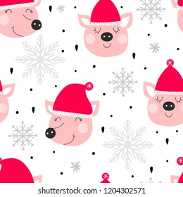 Seamless pattern with cute pig heads with a red hat with snowflakes on a white background. Childish illustration in vector.