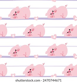 Seamless pattern of cute pig with heart lay on line pastel white background.Farm animal character cartoon design.Image for card,poster,baby clothing.Kawaii.Vector.Illustration.