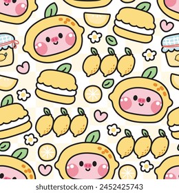 Seamless pattern of cute pig in lemon concept background.Farm animal character cartoon design collection.Juice,fruit,leaf,flower,macaron hand drawn.Nature.Summer.Fresh.Kawaii.Vector.Illustration.
